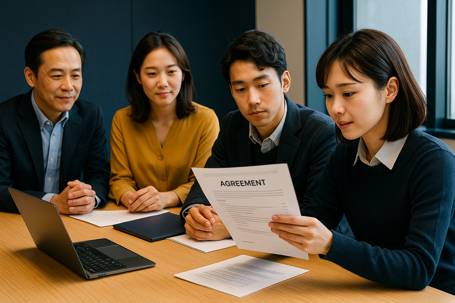 会議室で短い合意メモを確認する場面